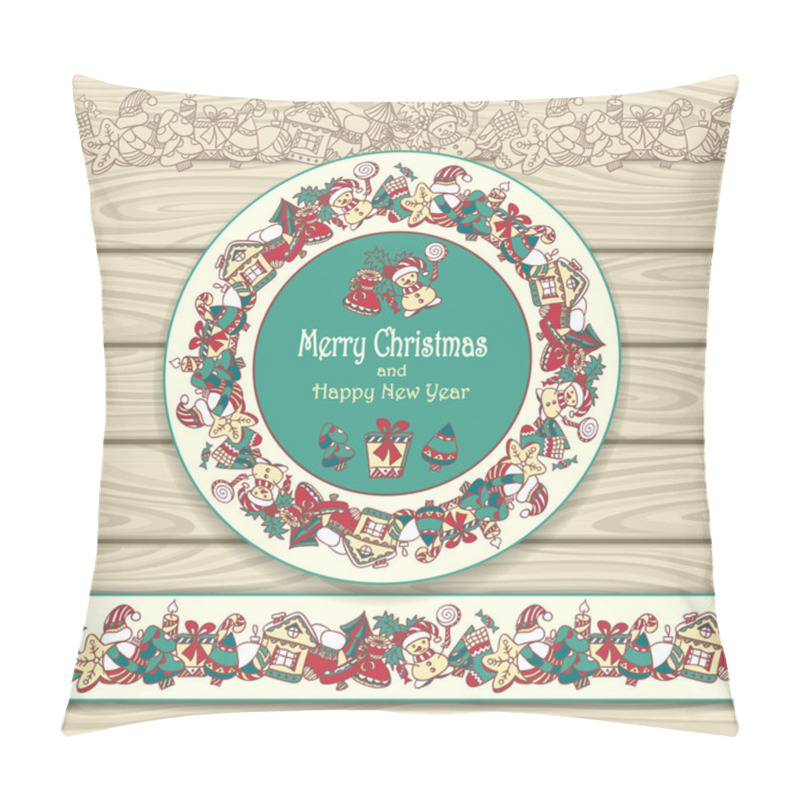 Personality  Circle Frame And Border From Christmas  Elements On Beige Wood Background Pillow Covers