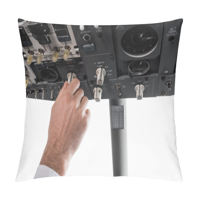 Personality  Cropped View Of Pilot Using Switcher On Overhead Panel In Airplane Simulator  Pillow Covers