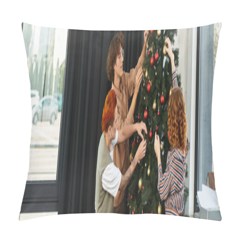 Personality  Colleagues Enthusiastically Hang Ornaments On A Christmas Tree Together In The Office. Pillow Covers