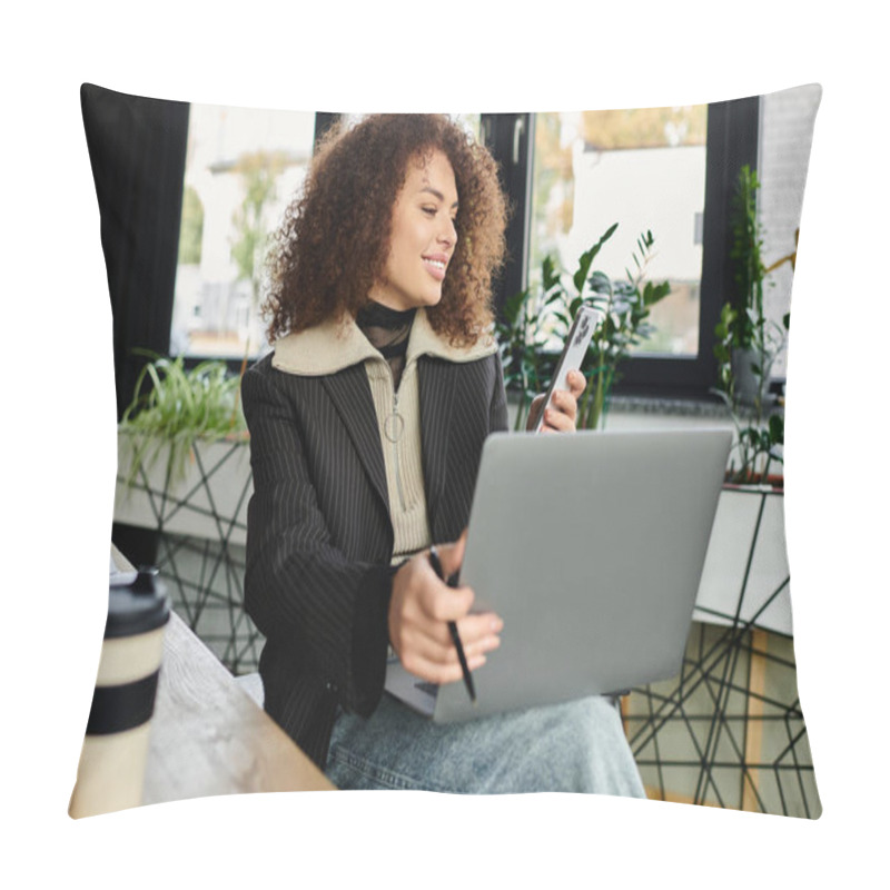 Personality  A Woman Engages With Her Phone While Focused On Her Laptop Surrounded By Plants. Pillow Covers