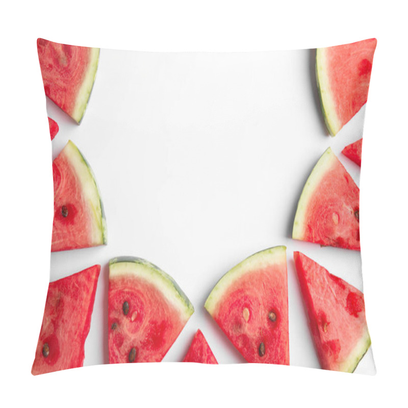 Personality  Slices Of Ripe Watermelon On White Background, Flat Lay. Space For Text Pillow Covers