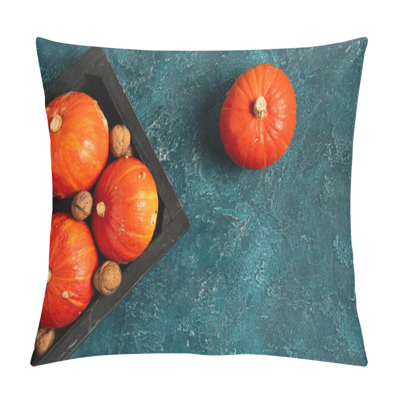 Personality  Black Tray With Orange Pumpkins And Red Apples With Walnuts On Blue Textured Surface, Thanksgiving Pillow Covers