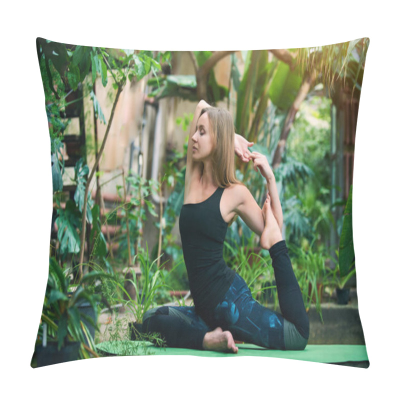 Personality  Beautiful Young Woman Practices Yoga Asana King Pigeon Pose Rajakapotasana In Jungle. Sunny Day Pillow Covers