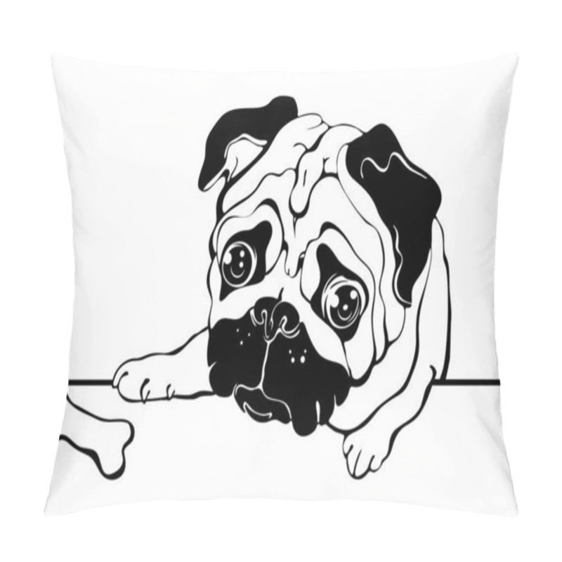 Personality  Pug Dog Hand Drawn Cartoon Portrait. Outline Pet Puppy. Vector. Pillow Covers