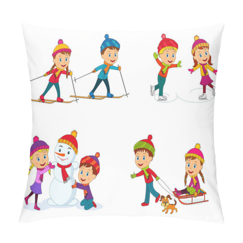 Personality  Kids,boys And Girls Play Outdoor Collection, Go Skiing, Make A Snowman, Skate On The White Background Pillow Covers