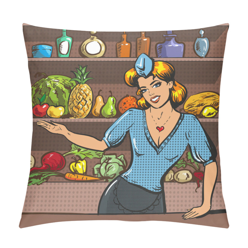 Personality  Vector Pop Art Illustration Of Woman With Fruit And Vegetables Pillow Covers