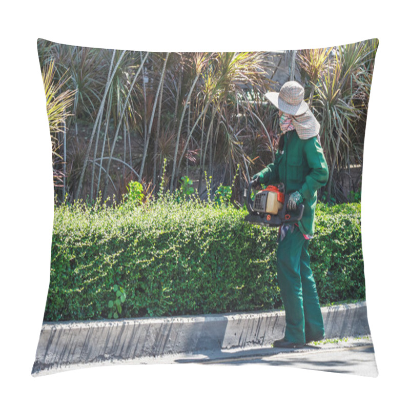 Personality  A Woman Trimming Hedge With Trimmer Machine Pillow Covers