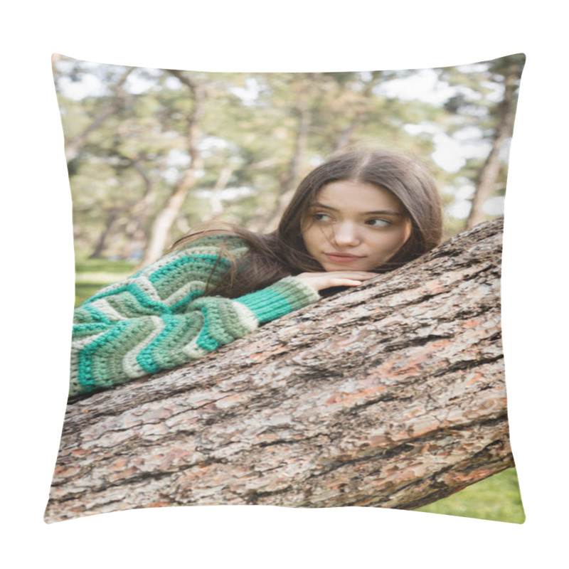 Personality  Portrait Of Young Pretty Woman In Sweater Standing Near Tree In Summer Park  Pillow Covers