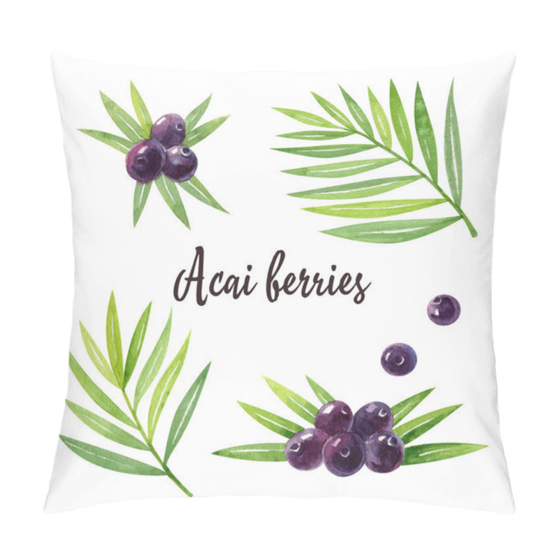 Personality  Organic Superfood Acai With Green Leaves And Acai Berries Isolated On White Background. Watercolor Hand Drawn Illustration. Pillow Covers