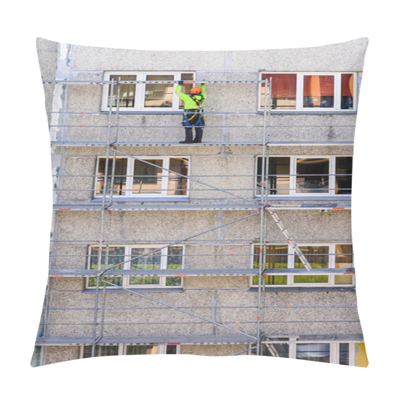 Personality  An Employee In Safety Equipment Assembles Scaffolding On The Facade Of A Multi-storey House At A Dangerous Height Pillow Covers