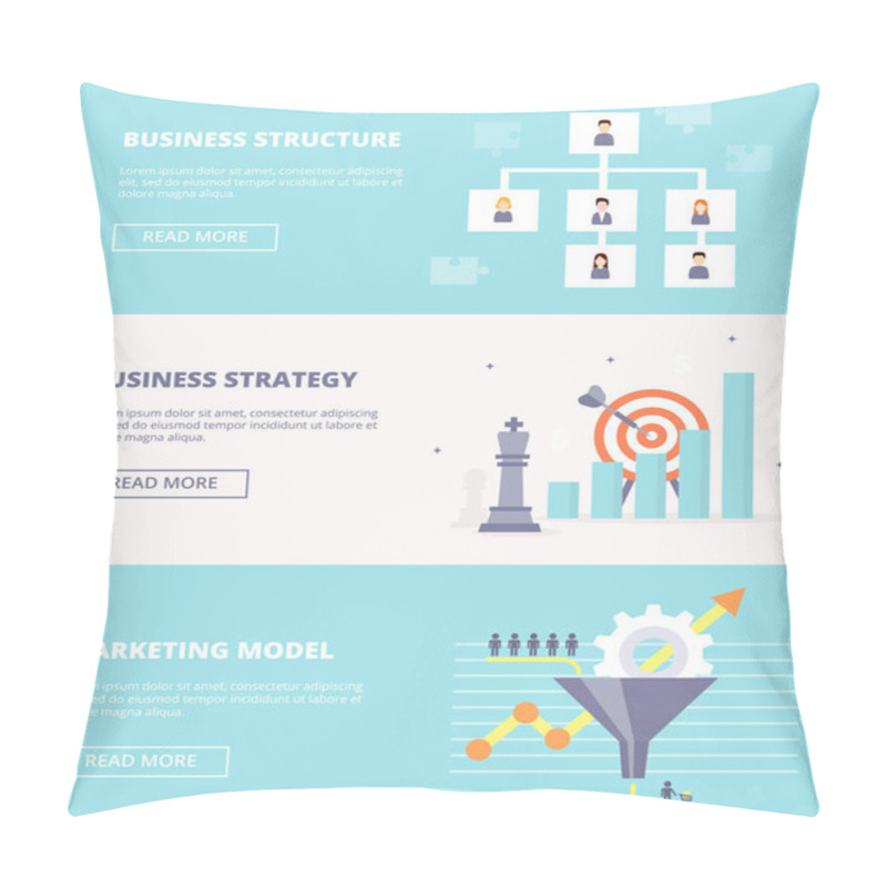 Personality  Elements Of Systematic Business - Structure, Strategy And Marketing. Horizontal Banners Set In Flat Style. Pillow Covers