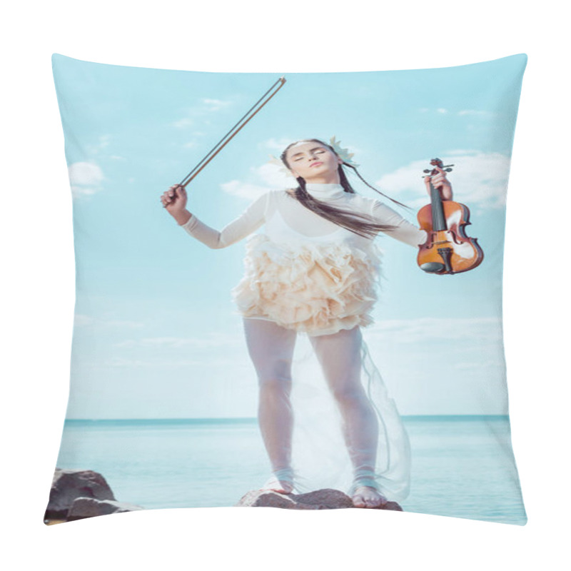 Personality  Beautiful Woman In White Swan Costume Standing On River Background With Violin  Pillow Covers