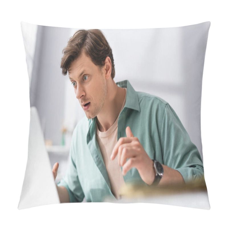 Personality  Selective Focus Of Shocked Teleworker Looking At Laptop At Home, Earning Online Concept Pillow Covers