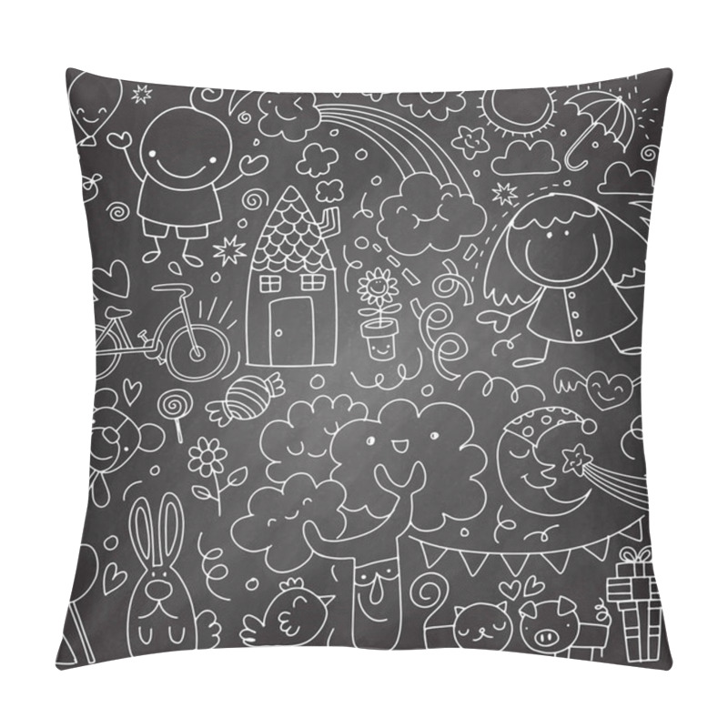 Personality  Collection Of Cute Children's Drawings Of Kids, Animals, Nature, Objects.Vector Illustration Pillow Covers