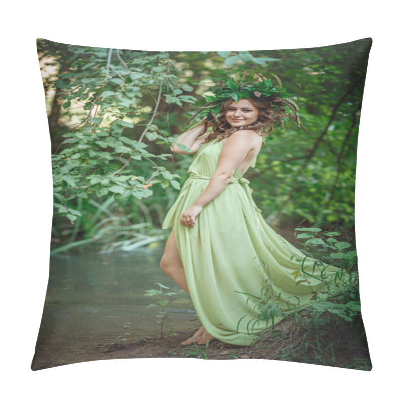 Personality  Beautiful Young Woman In A Green Dress And A Wreath In A Sunny Forest. Ceremony On Midsummer Or Earth Day. Idea And Concept Of Perfume, Fairy Tales And Happiness Pillow Covers