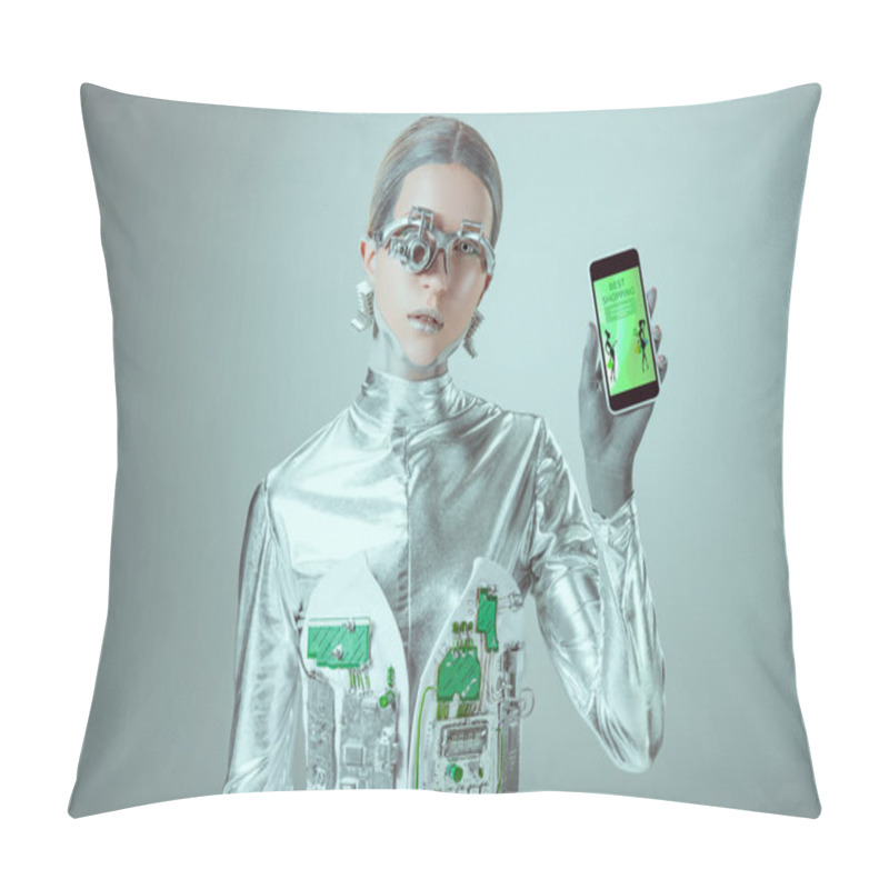 Personality  Robot Holding Smartphone With Best Shopping Application And Looking At Camera Isolated On Grey, Future Technology Concept    Pillow Covers