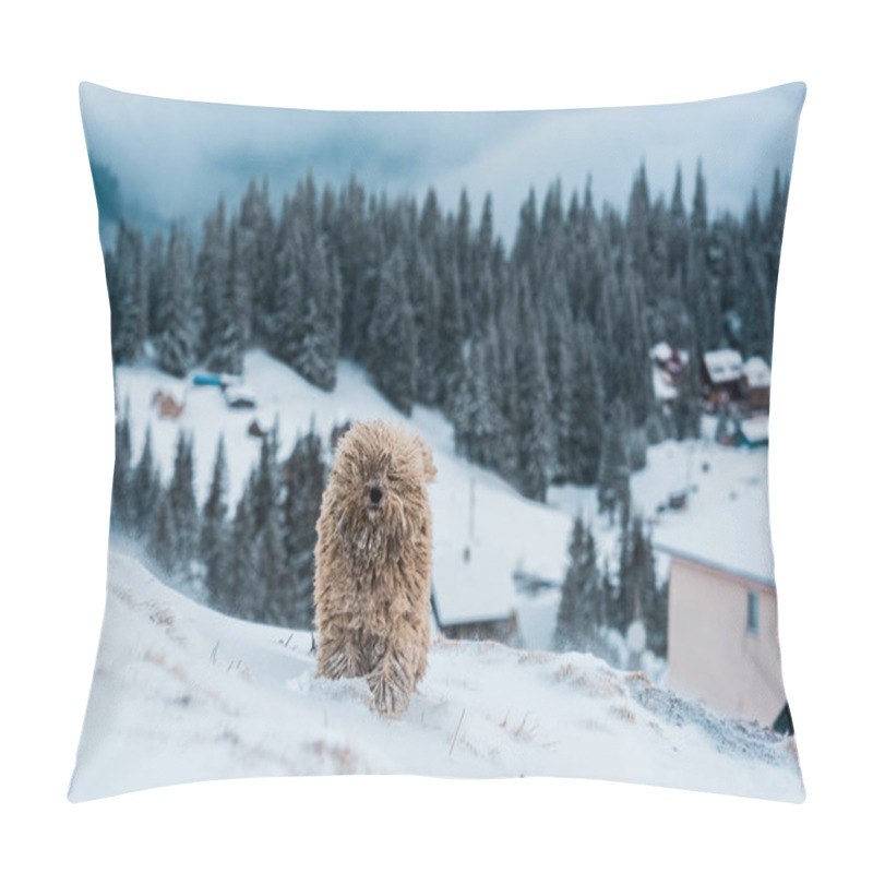 Personality  Cute Fluffy Dog In Snowy Mountains With Pine Trees Pillow Covers