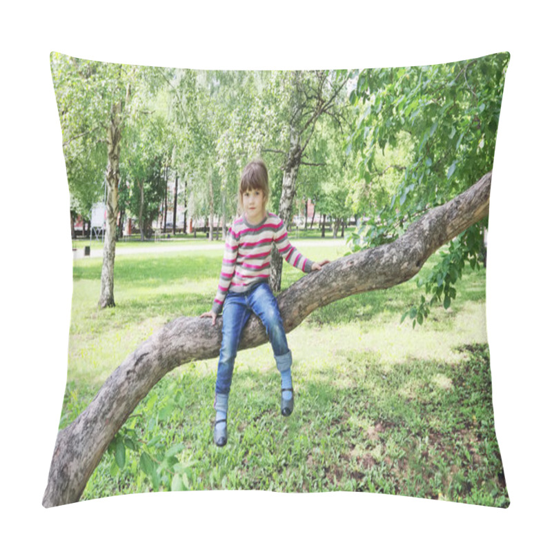 Personality  Girl In Striped Sweater Sitting On Tree Trunk Over Green Grass Pillow Covers