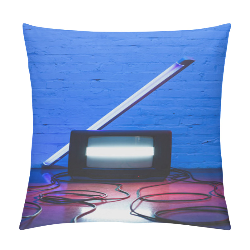 Personality  Toned Picture Of Arranged Retro Tv Set, Cables And Lamp With Brick Wall Background Pillow Covers