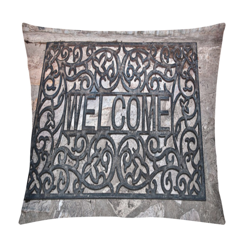 Personality  The Doormat Curved Steel Of Welcome Text On Floor Background Pillow Covers