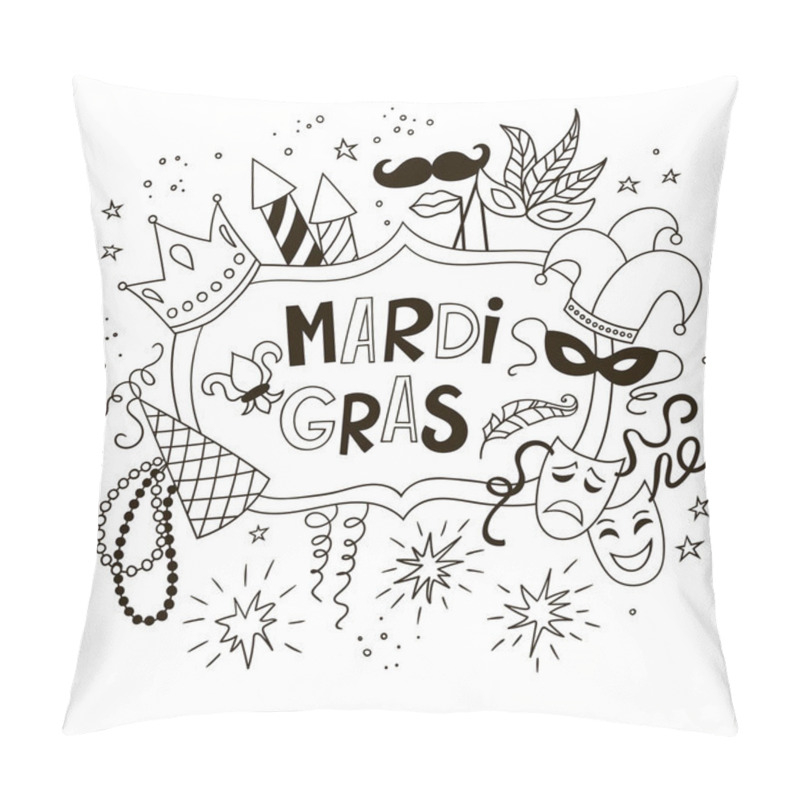 Personality  Mardi Gras Background With Doodle Icons And Objects. Black And White Vector Template. Pillow Covers