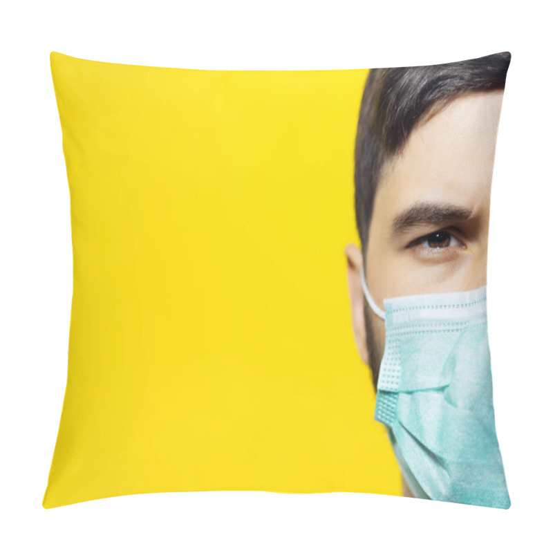 Personality  Close-up Portrait Of Male Face, Wearing Medical Flu Mask On Background Of Yellow Color With Copy Space. Pillow Covers