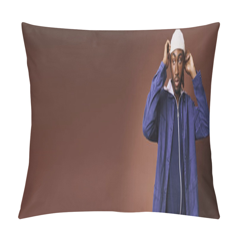 Personality  A Handsome Young African American Man Wearing A Blue Jacket And White Hat. Pillow Covers