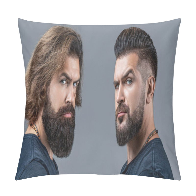 Personality  Shaving, Hairstyling. Beard, Shave Before, After. Long Beard Hair Style Hair Stylist. Collage Man Before And After Visiting Barbershop, Different Haircut, Mustache, Beard. Male Beauty, Comparison. Pillow Covers