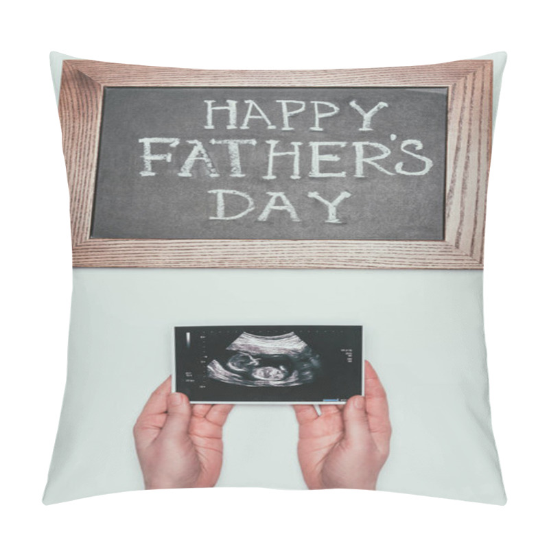 Personality  Cropped Shot Of Woman With Ultrasound Scan In Hands And Happy Fathers Day Blackboard Isolated On Grey Pillow Covers