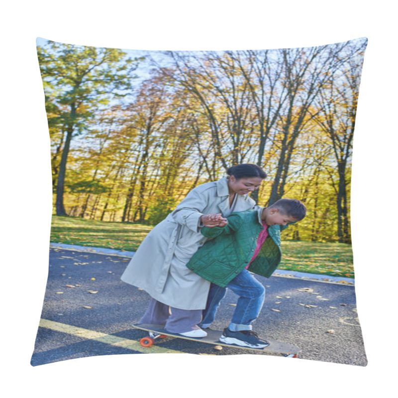 Personality  Mother And Son, Bonding Time, Autumn Park, African American Woman Walking Near Boy On Penny Board Pillow Covers