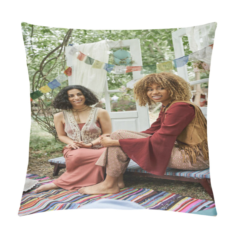 Personality  Positive And Stylish Multiethnic Women Spending Time Together Outdoors In Retreat Center Pillow Covers