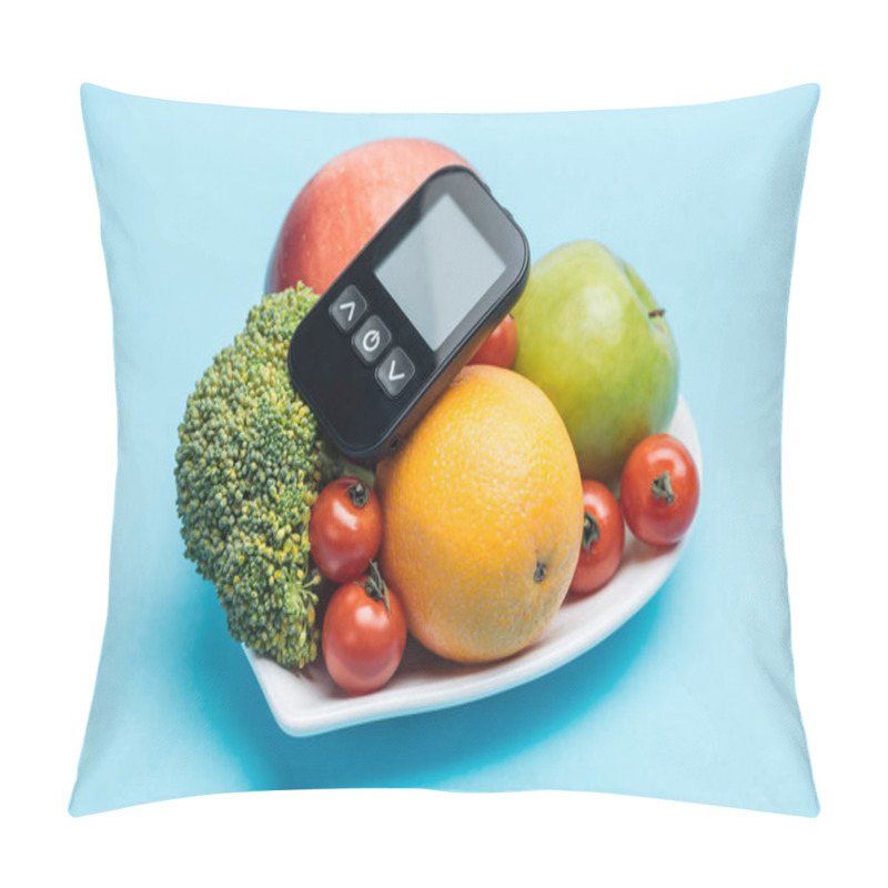 Personality  Glucometer On Plate With Vegetables And Fruits On Blue Background Pillow Covers