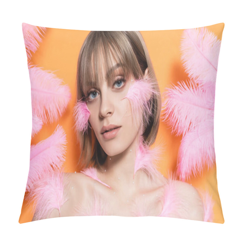 Personality  Young Woman With Decorative Beads In Makeup Near Pink Feathers Isolated On Orange Pillow Covers