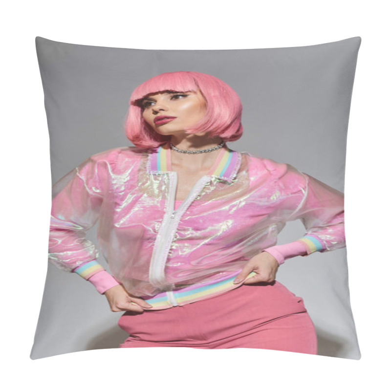 Personality  A Woman With Pink Hair Wears A Transparent Pink Jacket With A Rainbow Stripe. Pillow Covers