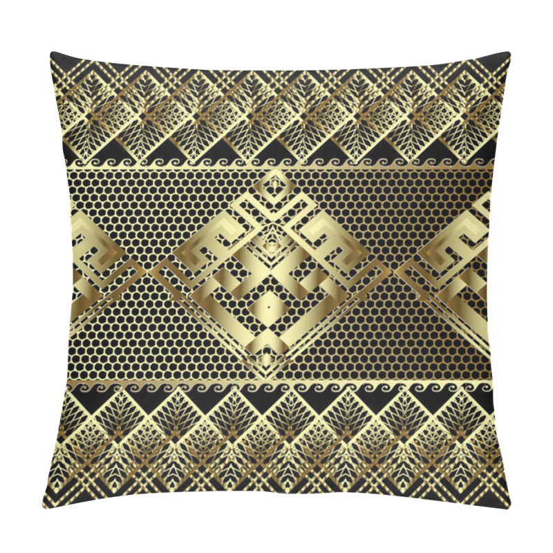 Personality  Lace Textured Gold 3d Greek Vector Seamless Border Pattern. Ornamental Grid Lattice Geometric Background. Ornate Repeat Ancient Backdrop. Zigzag Grunge Lines, Waves, Shapes, Greek Key Meander Ornament Pillow Covers