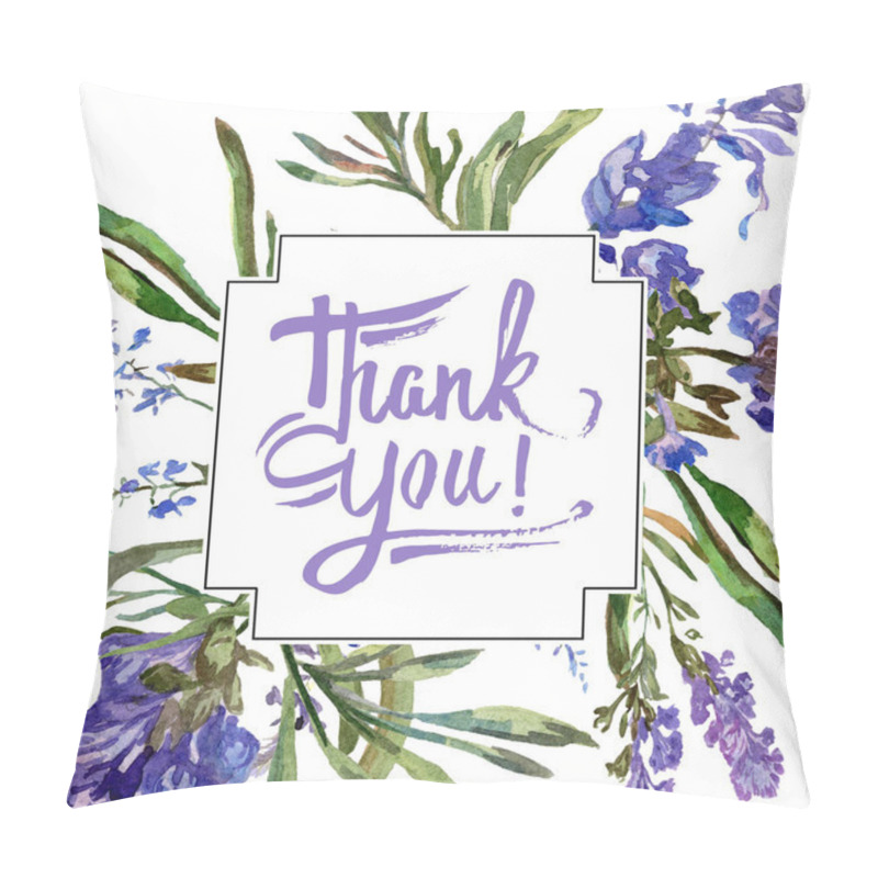 Personality  Purple Lavender Flowers. Thank You Handwriting Monogram Calligraphy. Beautiful Spring Wildflowers. Watercolor Background Illustration. Frame Border Square. Pillow Covers