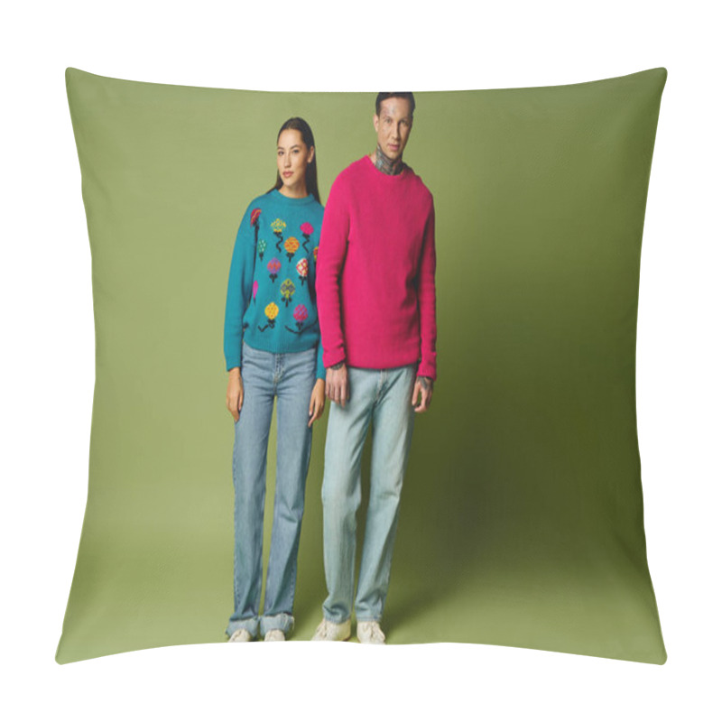 Personality  A Young Man And Woman Stand Side By Side, Showcasing Their Vibrant Fashion And Style. Pillow Covers