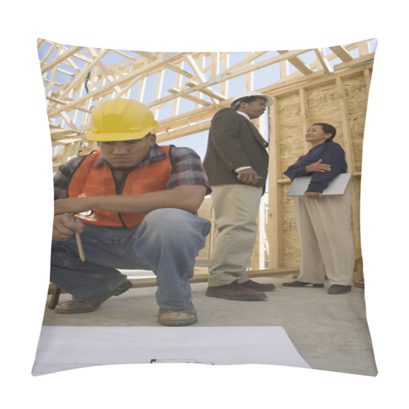 Personality  Construction Worker Looking At Blueprints Pillow Covers