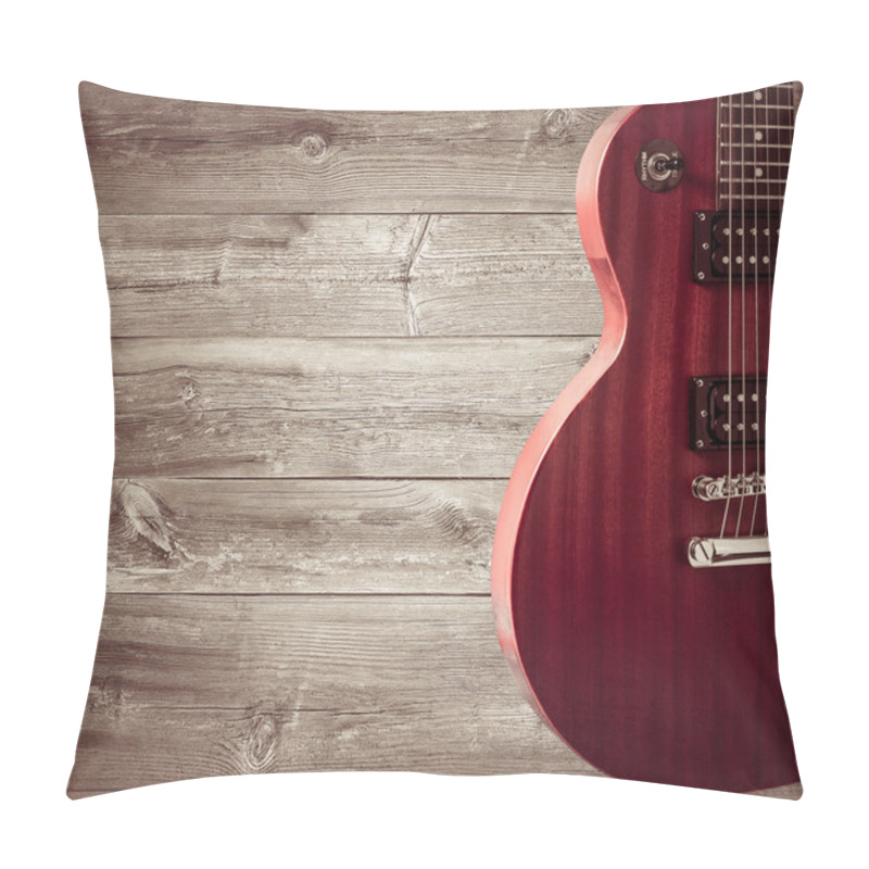 Personality  Part Of The Orange Electric Guitar On Wooden Background. A Place For Writing Of The Text. Pillow Covers