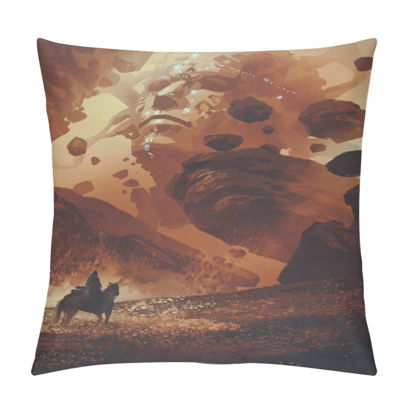 Personality  Man Rides A Horse In A Land Of Ancient Statue With Technology, Digital Art Style, Illustration Painting Pillow Covers