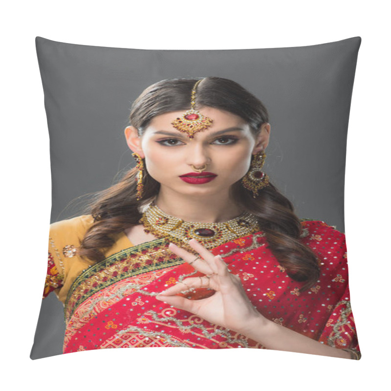 Personality  Indian Woman In Sari And Accessories Showing Gyan Mudra, Isolated On Grey  Pillow Covers