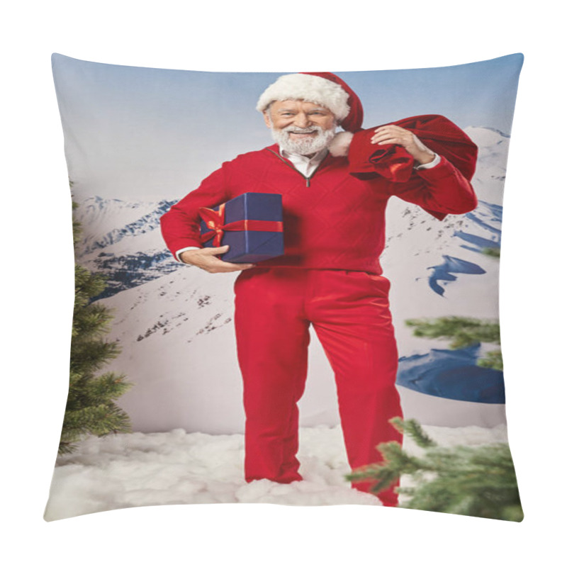 Personality  Happy Modern Santa With White Beard In Red Outfit Posing With Gift And Present Bag, Winter Concept Pillow Covers