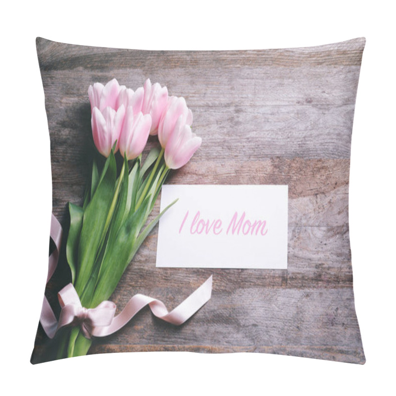 Personality  Composition With Greeting Card And Tulips For Mother's Day On Wooden Background, Top View Pillow Covers