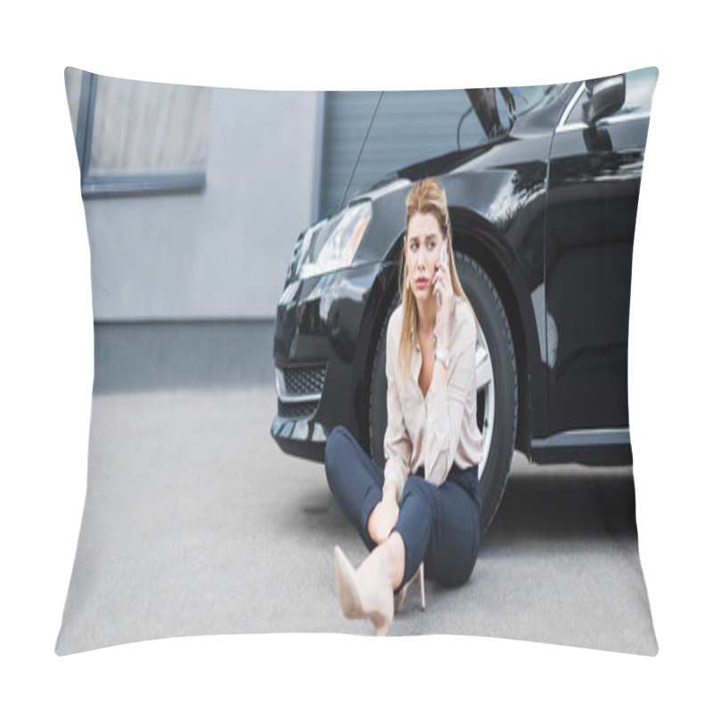 Personality  Panoramic Shot Of Upset Businesswoman Talking On Smartphone And Sitting Near Broken Auto, Car Insurance Concept Pillow Covers