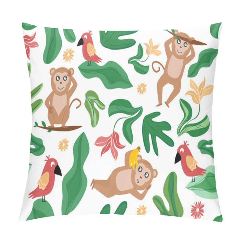 Personality  Vector Illustration Of Seamless Pattern With Monkey, Parrot, Flower, Plant Leaves. Pillow Covers