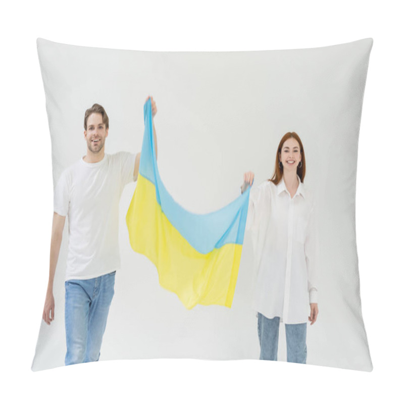 Personality  Cheerful Young Couple Holding Ukrainian Flag Isolated On White  Pillow Covers