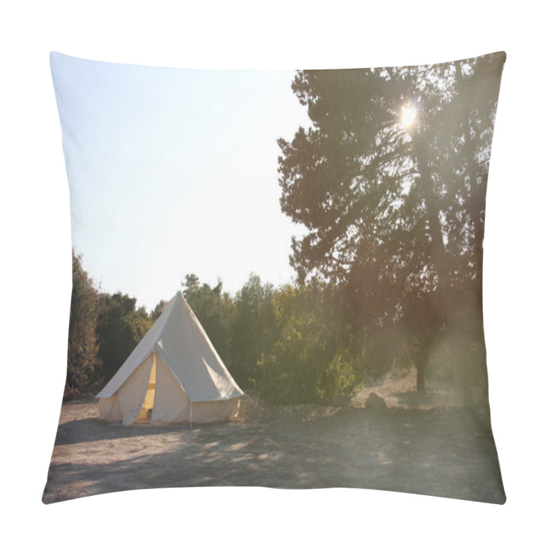 Personality  Glamping Campsite In The Forest At Sunset. Big Camping Tent For Luxury Outdoor Vacation. Staycations, Hyper-local Travel, Night Camping Out Concept. Copy Space. Pillow Covers