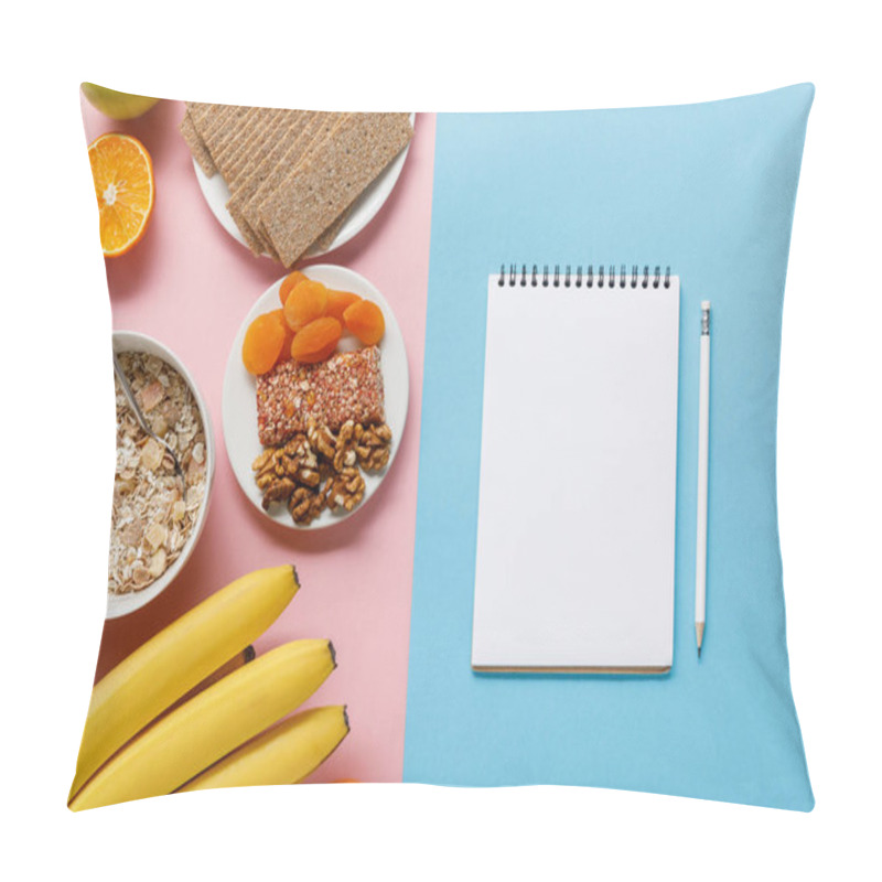 Personality  Top View Of Fresh Fruits, Crispbread And Breakfast Cereal On Pink And Blank Notebook On Blue Background  Pillow Covers