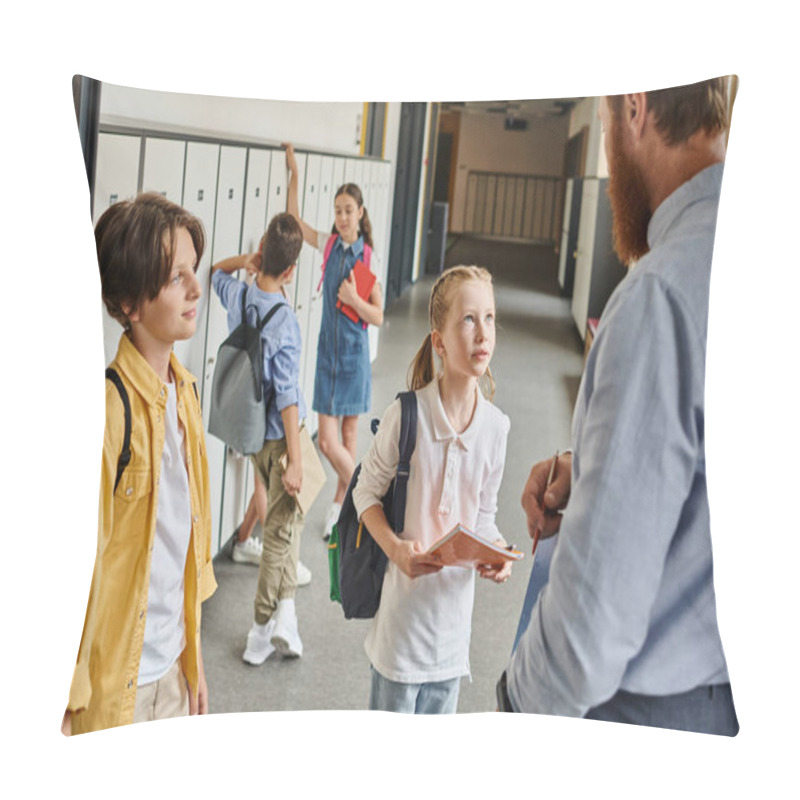 Personality  A Group Of Young Children Of Various Ethnicities And Ages Standing Closely Together, Engaged And Attentive, While A Male Teacher Instructs Them In A Bright, Lively Classroom Setting. Pillow Covers