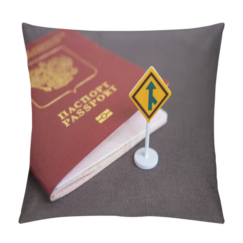 Personality  Russian International Passport With A Yellow Arrow Road Sign - Migration Concept. Pillow Covers